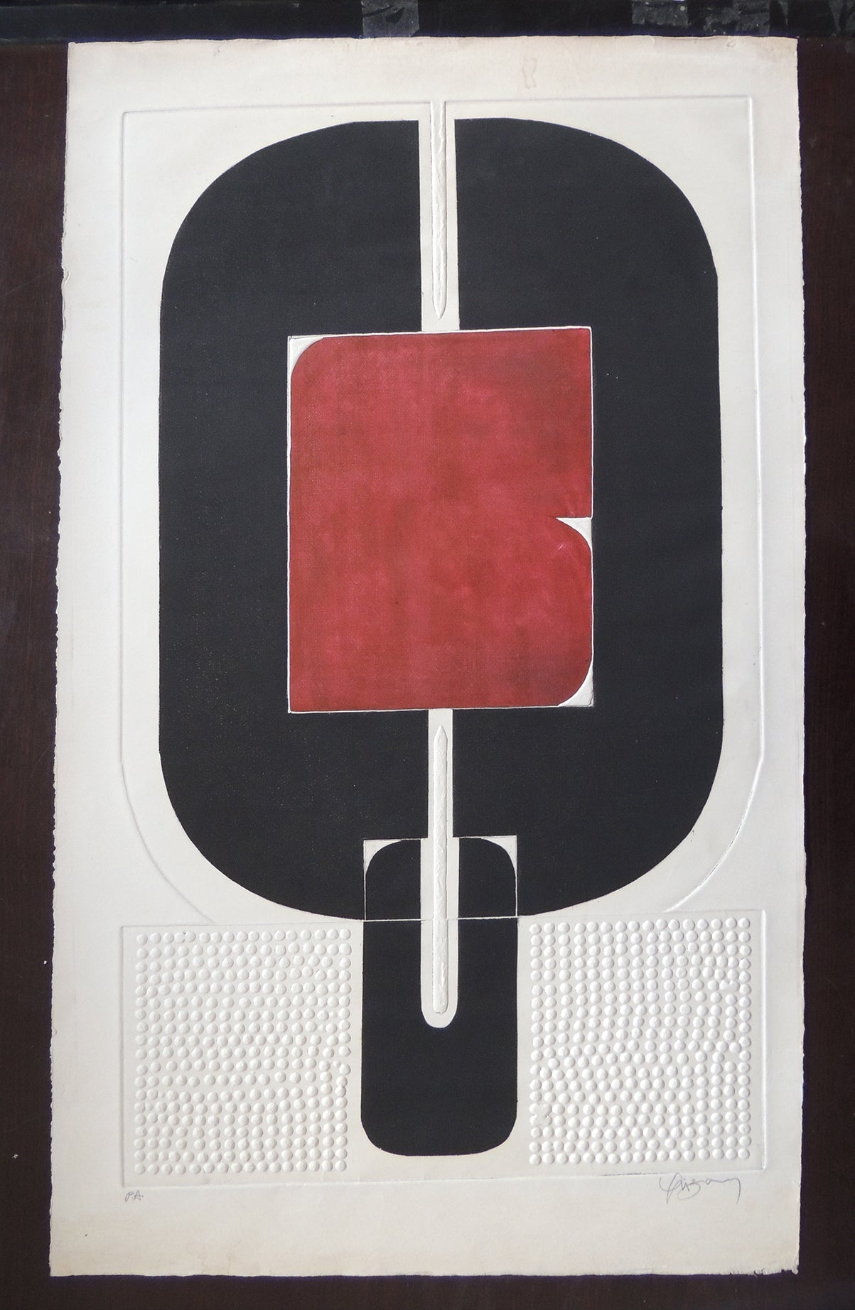 Marcos Irizarry, Ocre y Blanco, grabado abstracto geométrico en tonos ocre, negro y blanco, arte puertorriqueño contemporáneo.