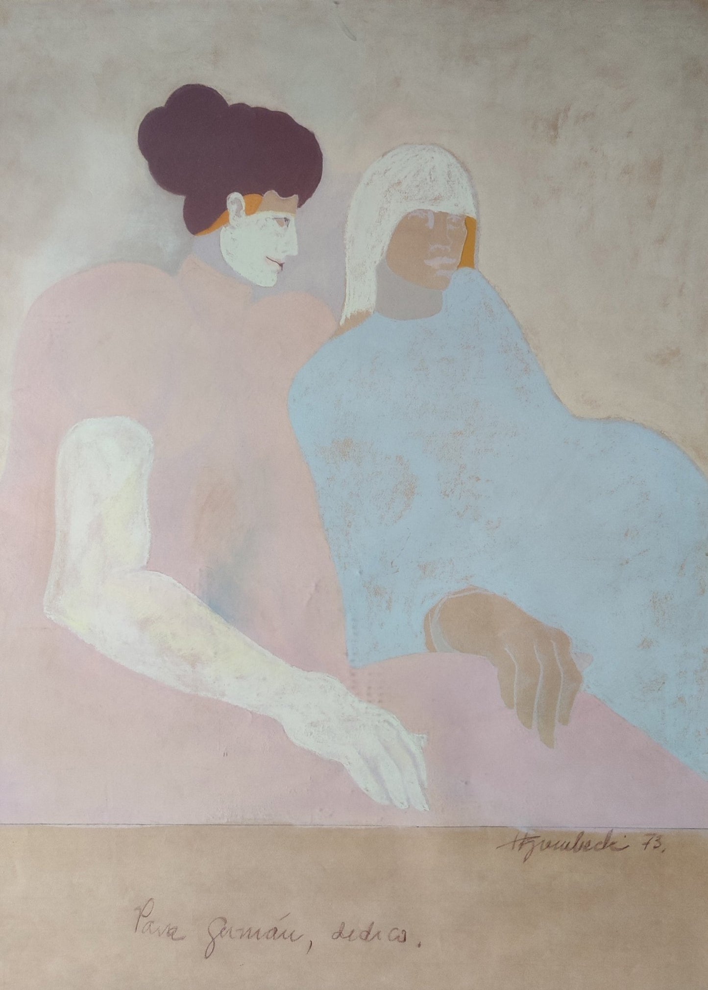 cuadro original de Maria Helena Grembecki - Para Germán arte contemporáneo en Gaudifond retrato de dos mujeres con colores pálidos fondo neutro
