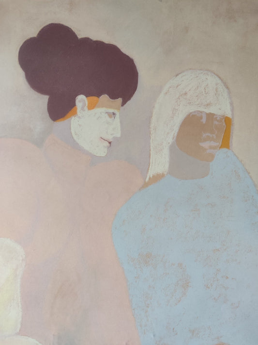 cuadro original de Maria Helena Grembecki - Para Germán arte contemporáneo en Gaudifond retrato de dos mujeres con colores pálidos fondo neutro detalle rostro 