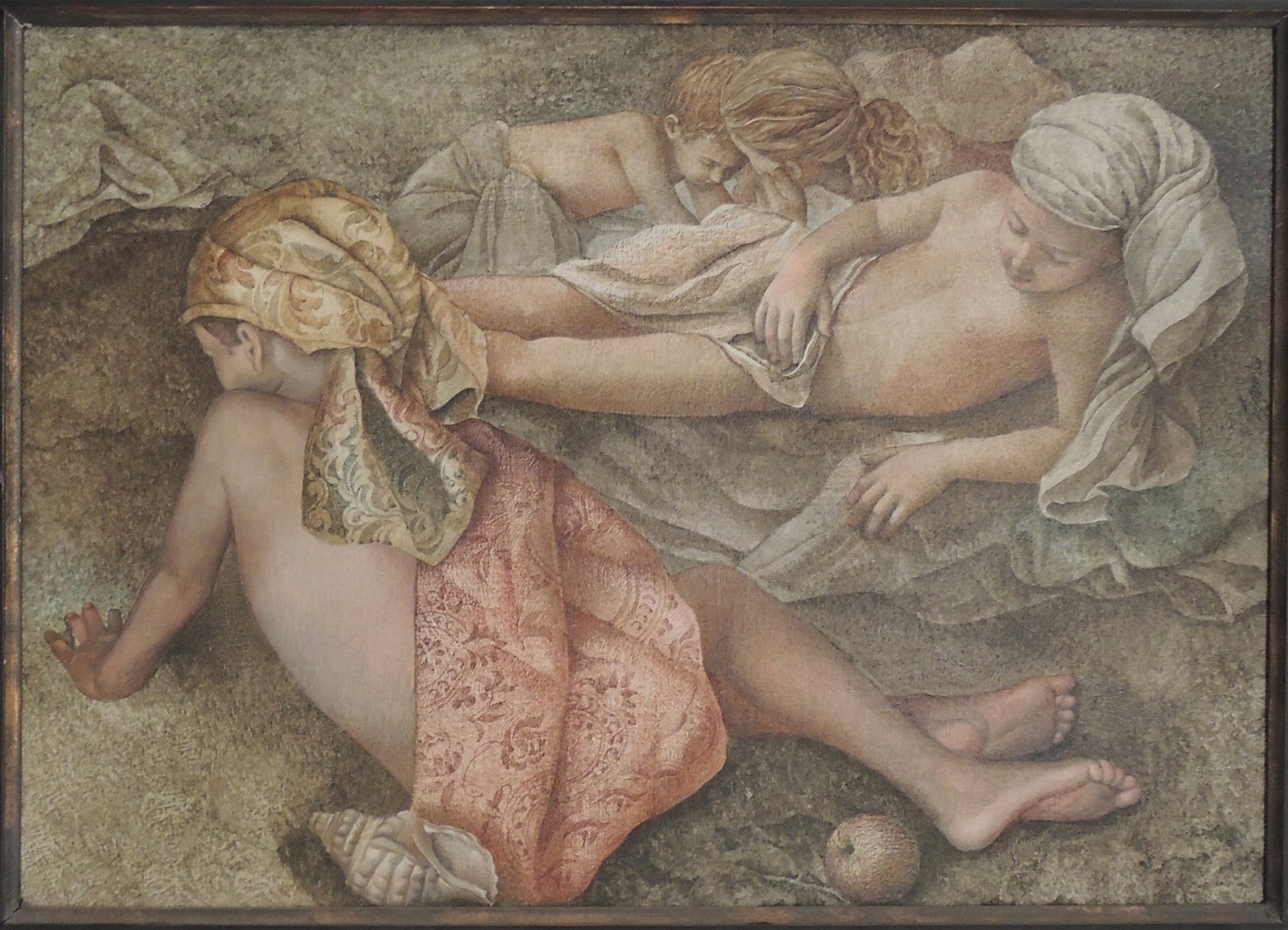 Miguel Vicens Riera, Descanso en el jardín, pintura figurativa de escena íntima femenina en un jardín de atmósfera serena y clásica.