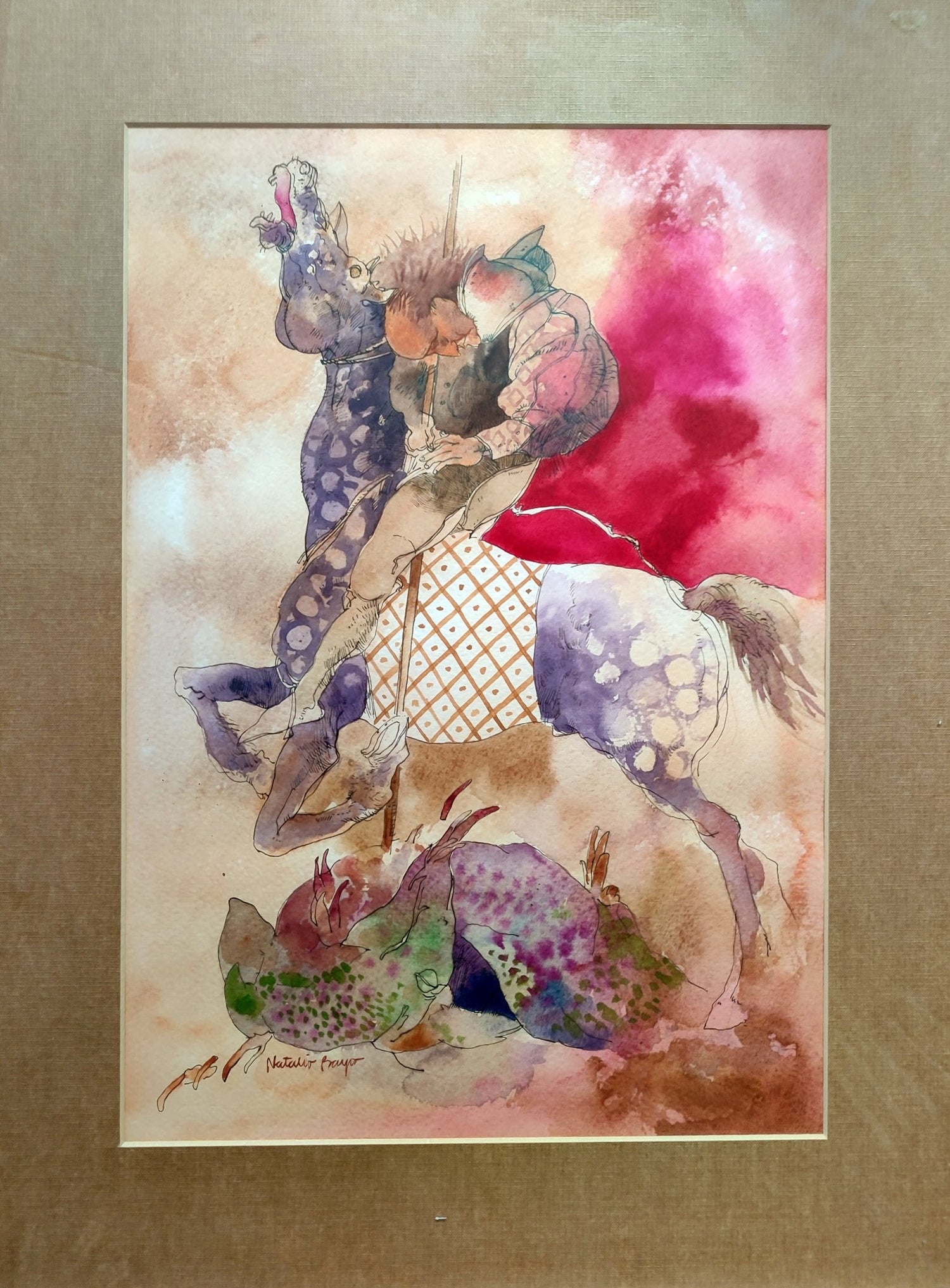 Acuarela de Natalio Bayo, San Jorge y el Dragón, obra original de pintura contemporánea figurativa y simbólica con escena mitológica expresiva