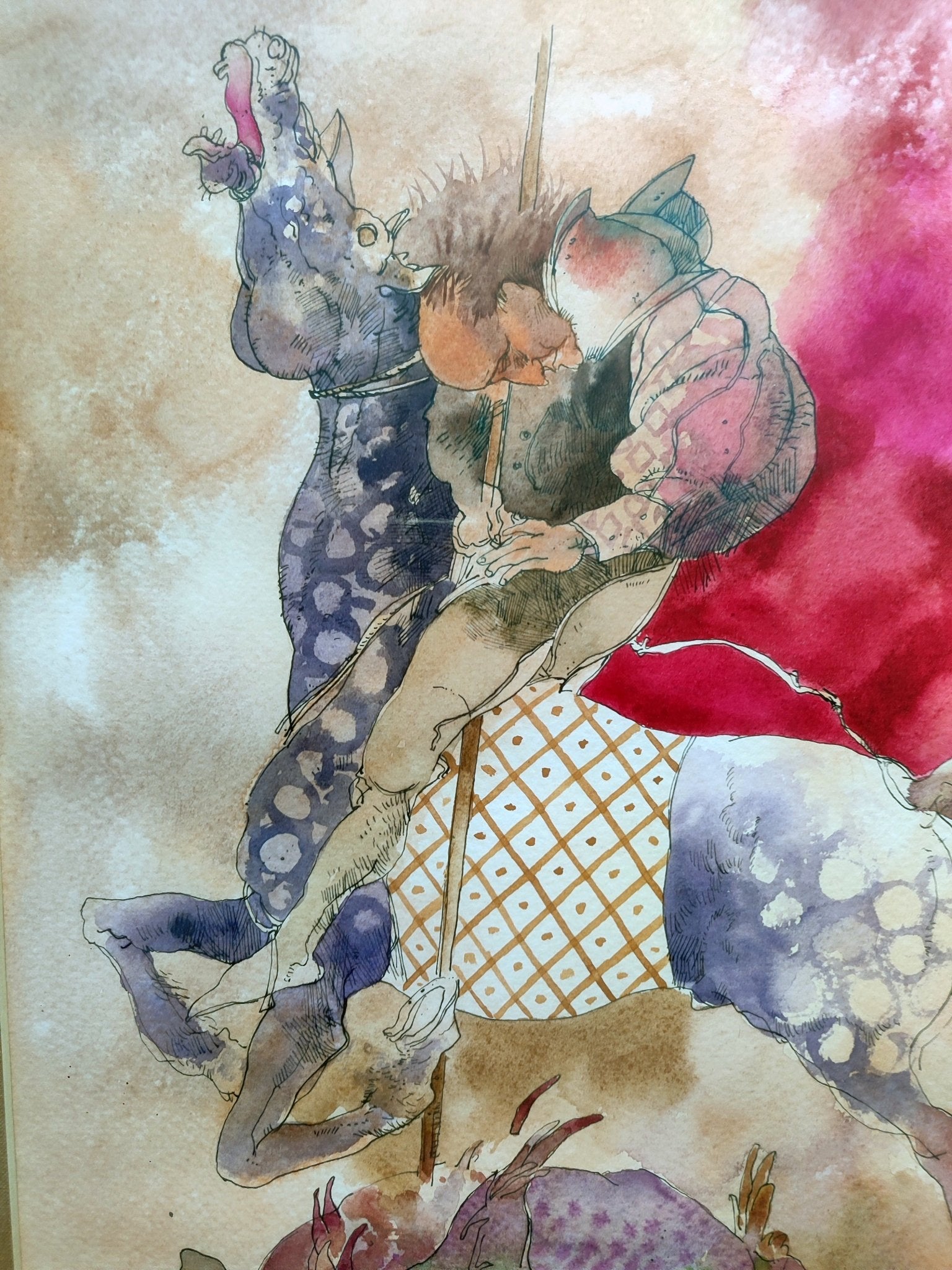 Acuarela de Natalio Bayo, San Jorge y el Dragón, obra original de pintura contemporánea figurativa y simbólica con escena mitológica expresiva, detalle 