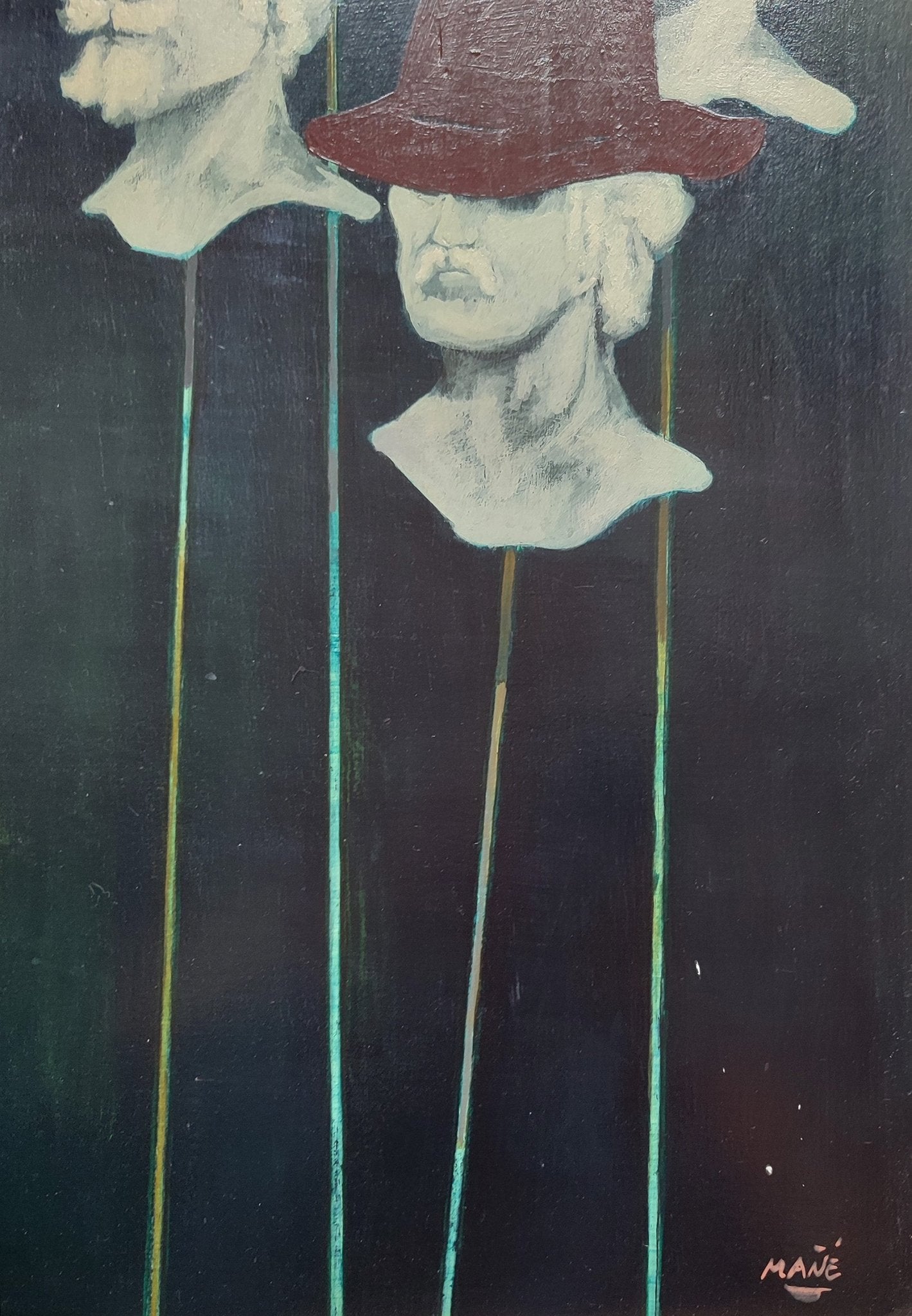 Pablo Mañé - Cabezas, pintura expresionista con bustos blancos y sombreros de colores sobre fondo oscuro, composición simbólica sobre identidad y figura humana detalle