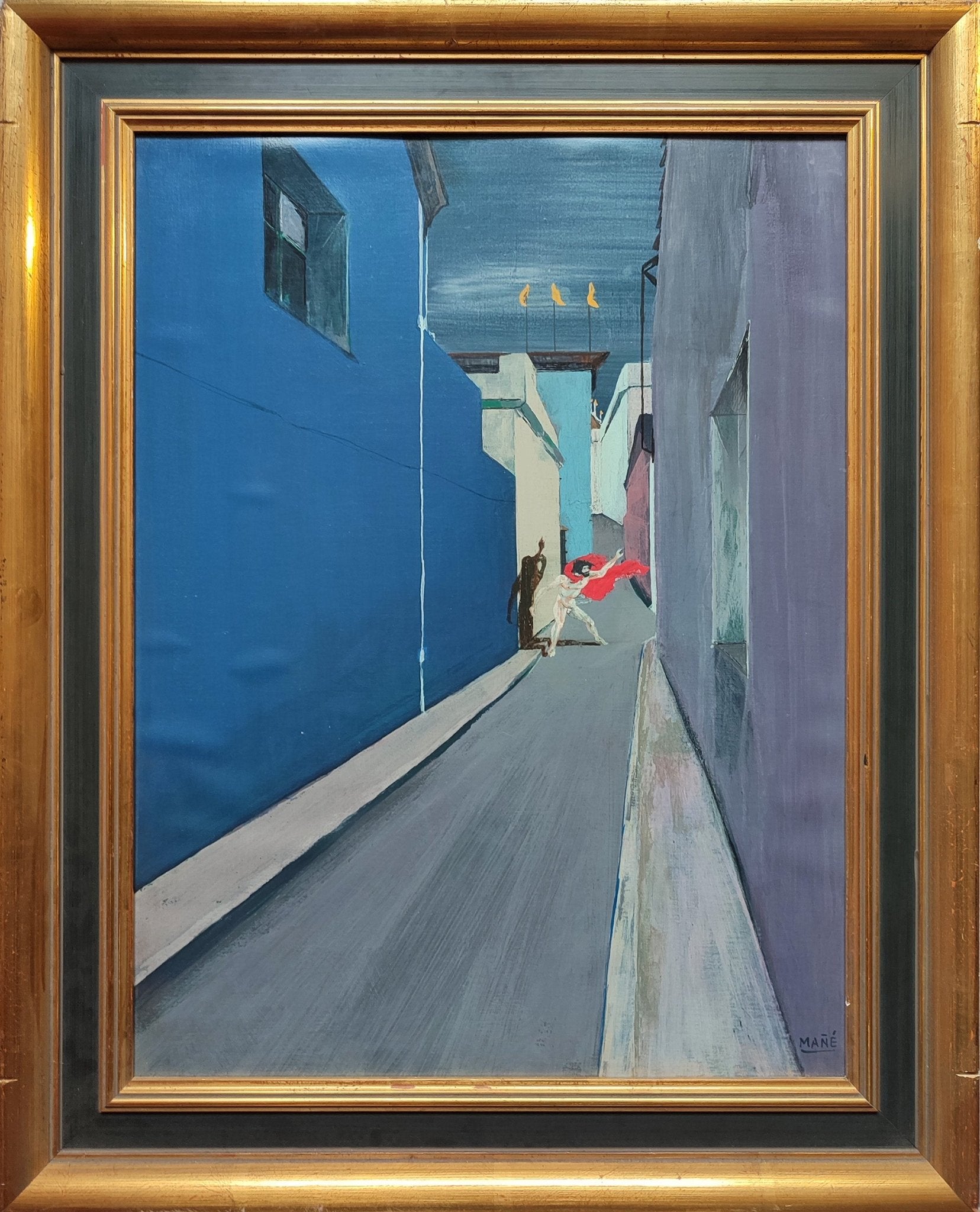Pablo Mañé, Callejón, óleo sobre soporte de 57 x 42 cm con perspectiva urbana, edificios en tonos azules y grises y hombre con trapo rojo al fondo.