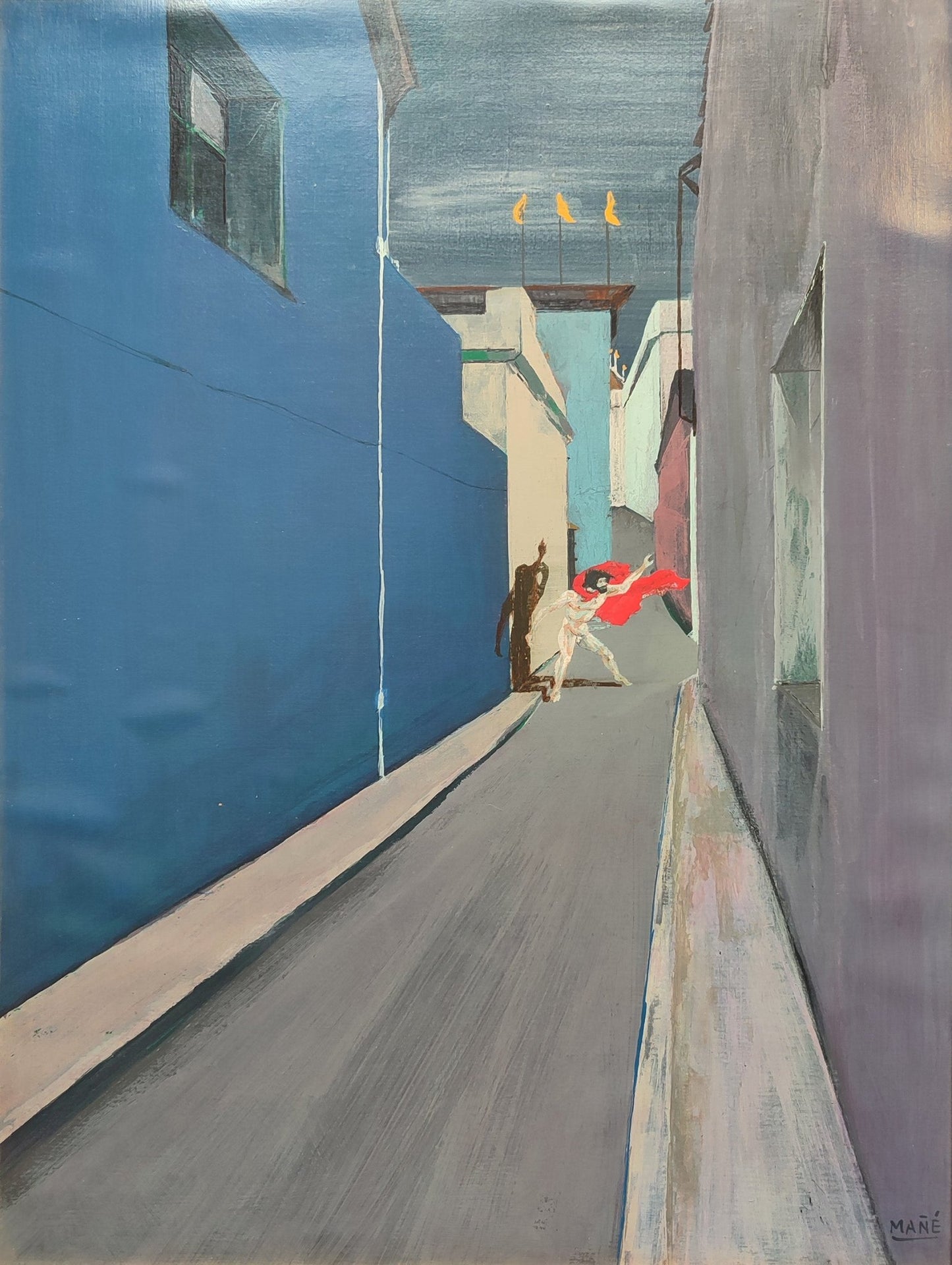 Pablo Mañé, Callejón, óleo sobre soporte de 57 x 42 cm con perspectiva urbana, edificios en tonos azules y grises y hombre con trapo rojo al fondo detalle
