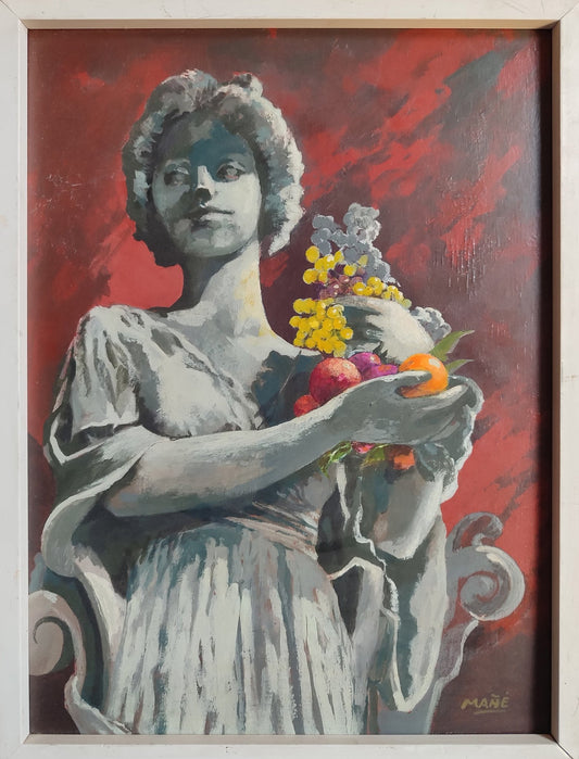Pablo Mañé Dama Otoñal, pintura figurativa de mujer clásica sosteniendo frutas y racimos sobre fondo rojo intenso