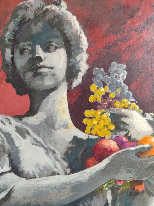 Pablo Mañé Dama Otoñal, pintura figurativa de mujer clásica sosteniendo frutas y racimos sobre fondo rojo intenso detalle rostro escultura