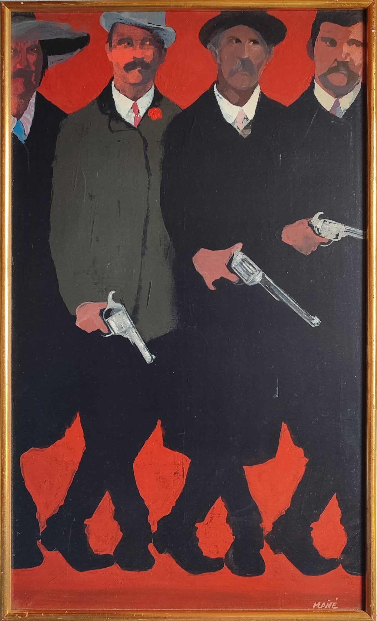 Pablo Mañé - Los pandilleros, pintura expresionista con cuatro hombres armados sobre fondo rojo intenso, composición de fuerte carga social y psicológica.