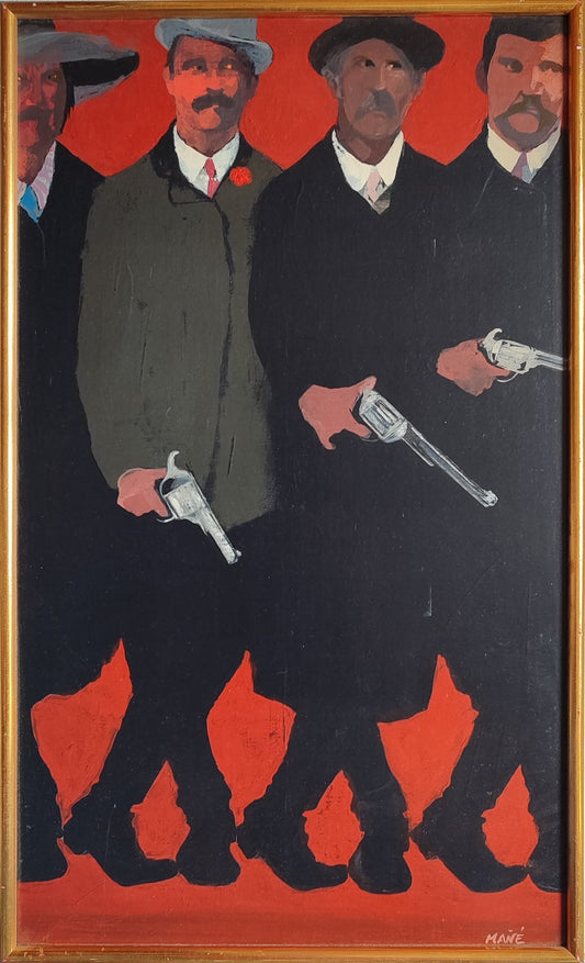 Pablo Mañé - Los pandilleros, pintura expresionista con cuatro hombres armados sobre fondo rojo intenso, composición de fuerte carga social y psicológica.