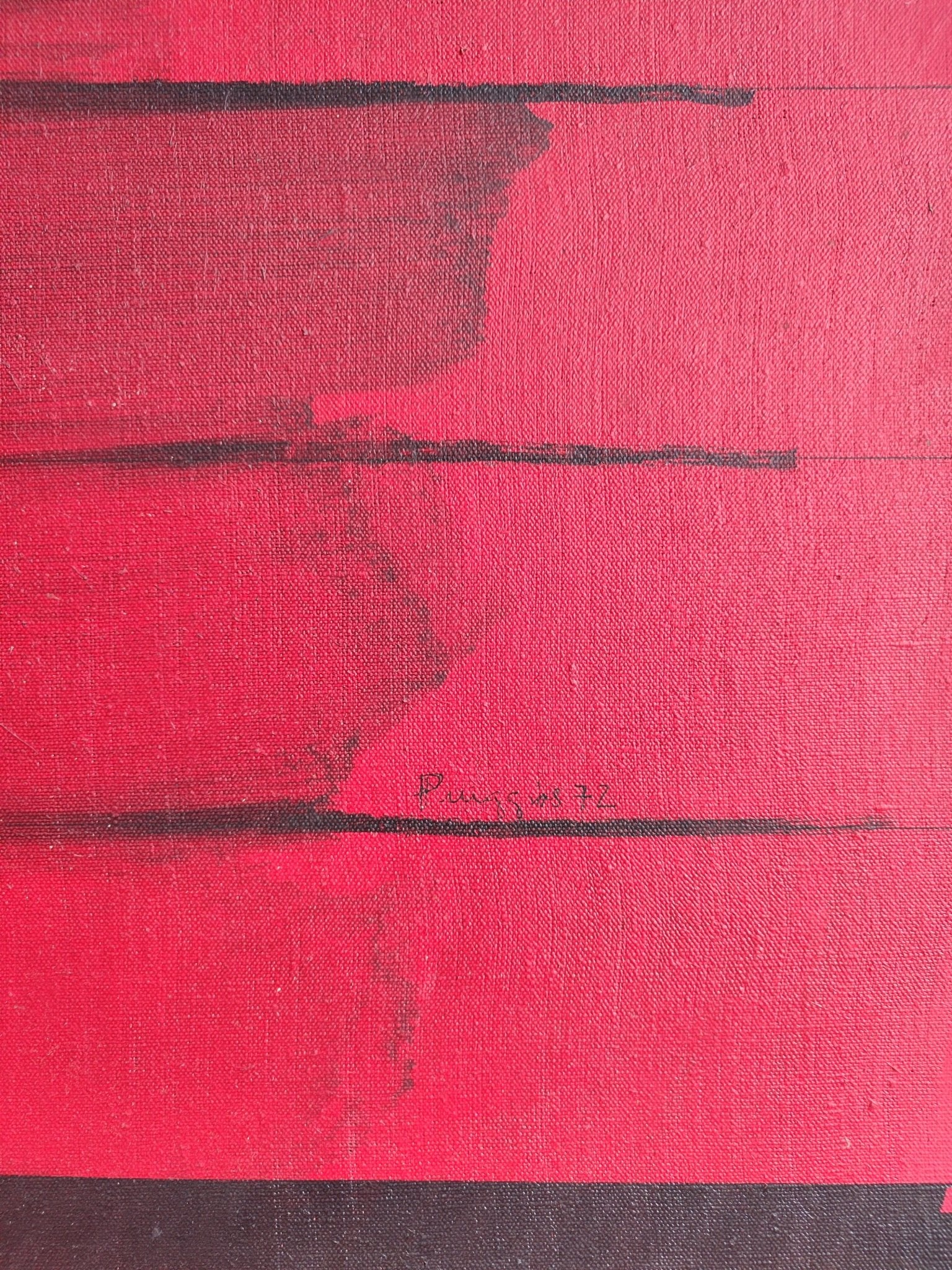 cuadro original de Pere Puiggrós - Després de la gama arte contemporáneo, rojo y negro intenso, en Gaudifond detalle firma