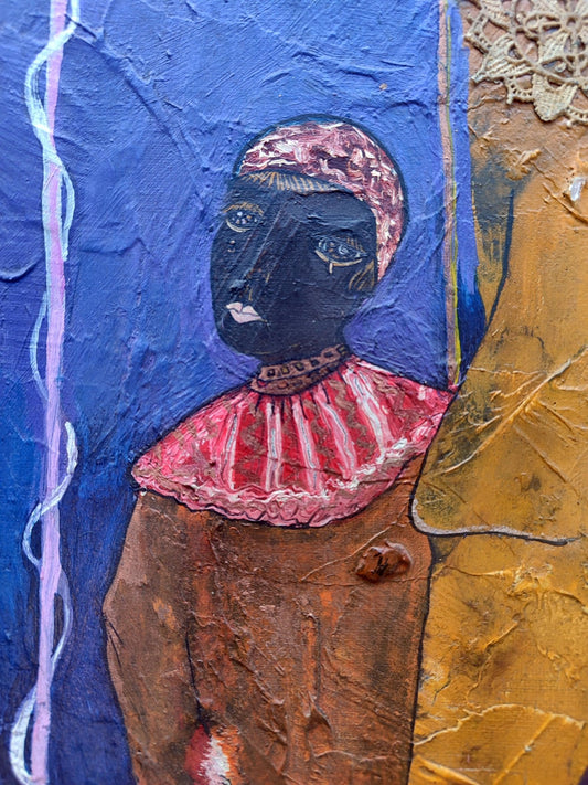 Sally Weintraub Gente de circo nº45, pintura figurativa con personajes de circo, figuras femeninas y fondo violeta de estilo simbólico y expresionista detalle rostro