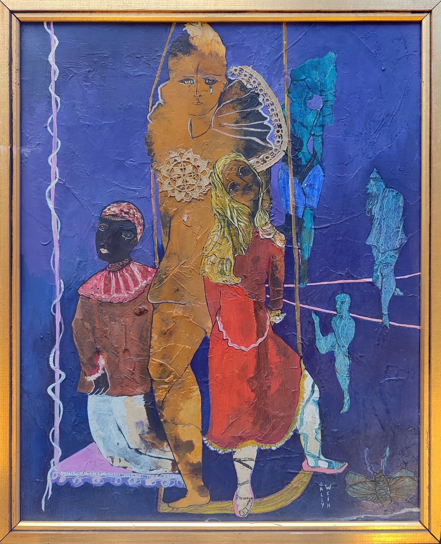 Sally Weintraub Gente de circo nº45, pintura figurativa con personajes de circo, figuras femeninas y fondo violeta de estilo simbólico y expresionista.