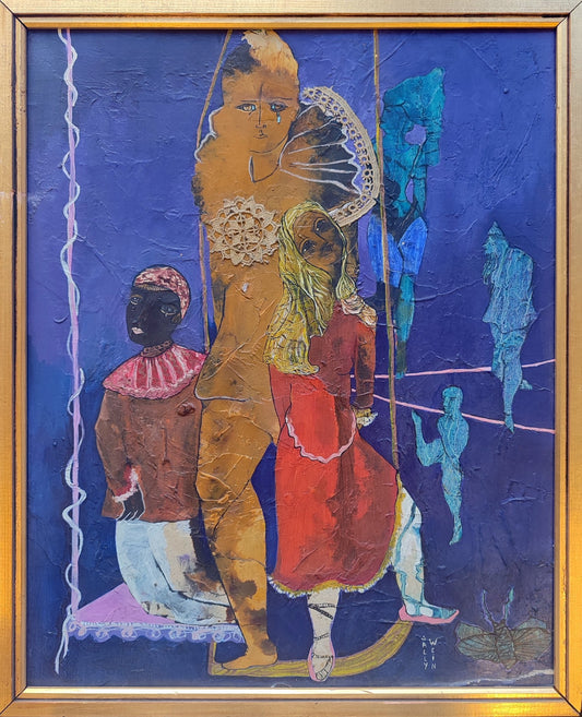Sally Weintraub Gente de circo nº45, pintura figurativa con personajes de circo, figuras femeninas y fondo violeta de estilo simbólico y expresionista.
