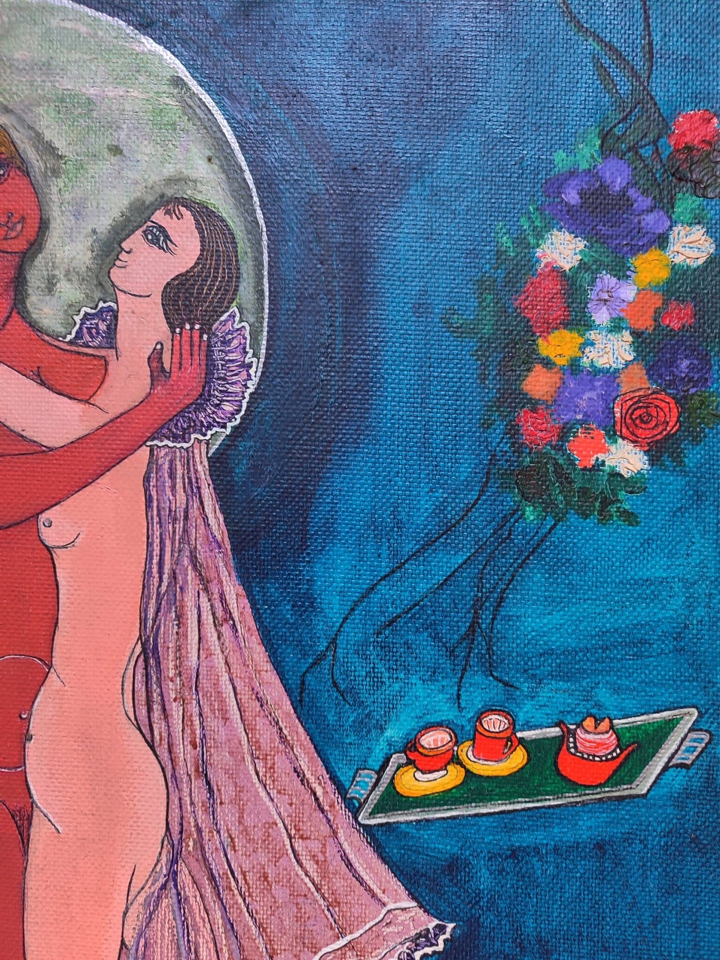 Nupcias de Sally Weintraub, pintura contemporánea de carácter simbólico que reflexiona sobre la unión de dos seres, el amor, la complementariedad y la transformación compartida mediante una composición poética y expresiva detalle