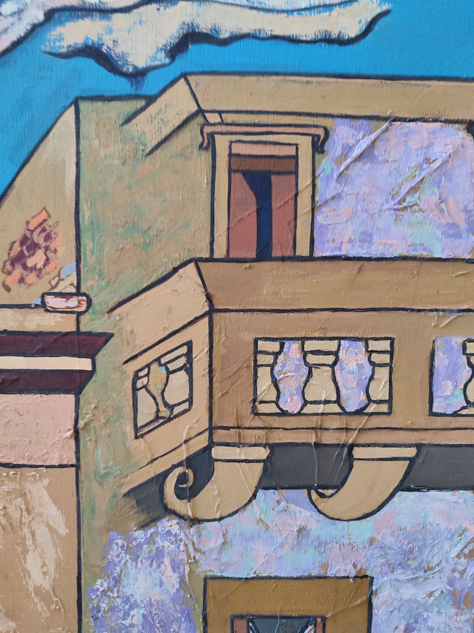 San Telmo de Sally Weintraub, pintura contemporánea que representa una fachada característica del histórico barrio de San Telmo en Buenos Aires, destacando su arquitectura, identidad cultural y atmósfera urbana mediante colores vibrantes y una interpretación artística expresiva detalle relieve