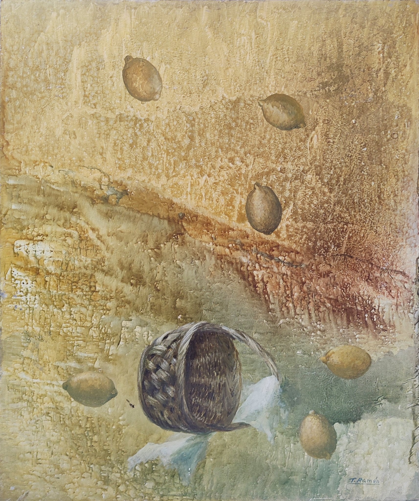 Pintura al óleo de Teresa Ramón, “Espacio natural”, composición abstracta con tonos terrosos y verdes y elementos orgánicos en suspensión 