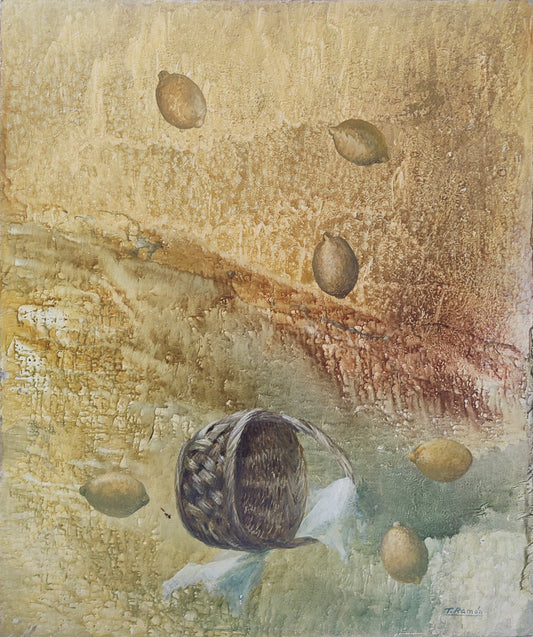 Pintura al óleo de Teresa Ramón, “Espacio natural”, composición abstracta con tonos terrosos y verdes y elementos orgánicos en suspensión 