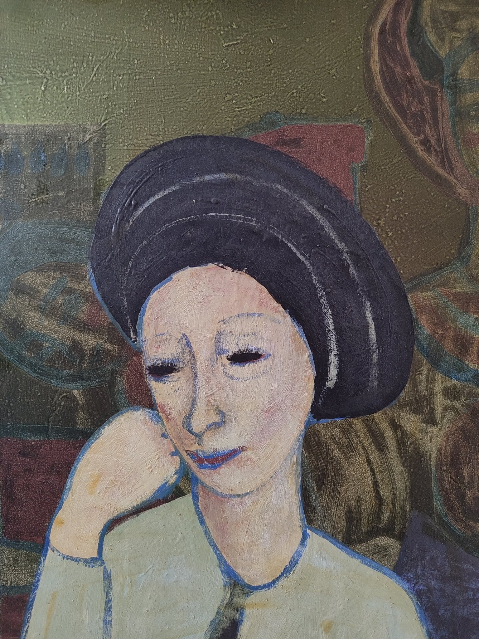 Pintura al óleo de Teresa Ramón, “Mujeres”, composición figurativa contemporánea con figuras femeninas en tonos suaves que evocan serenidad, obra de carácter íntimo y simbólico dentro del arte contemporáneo, detalle retrato femenino