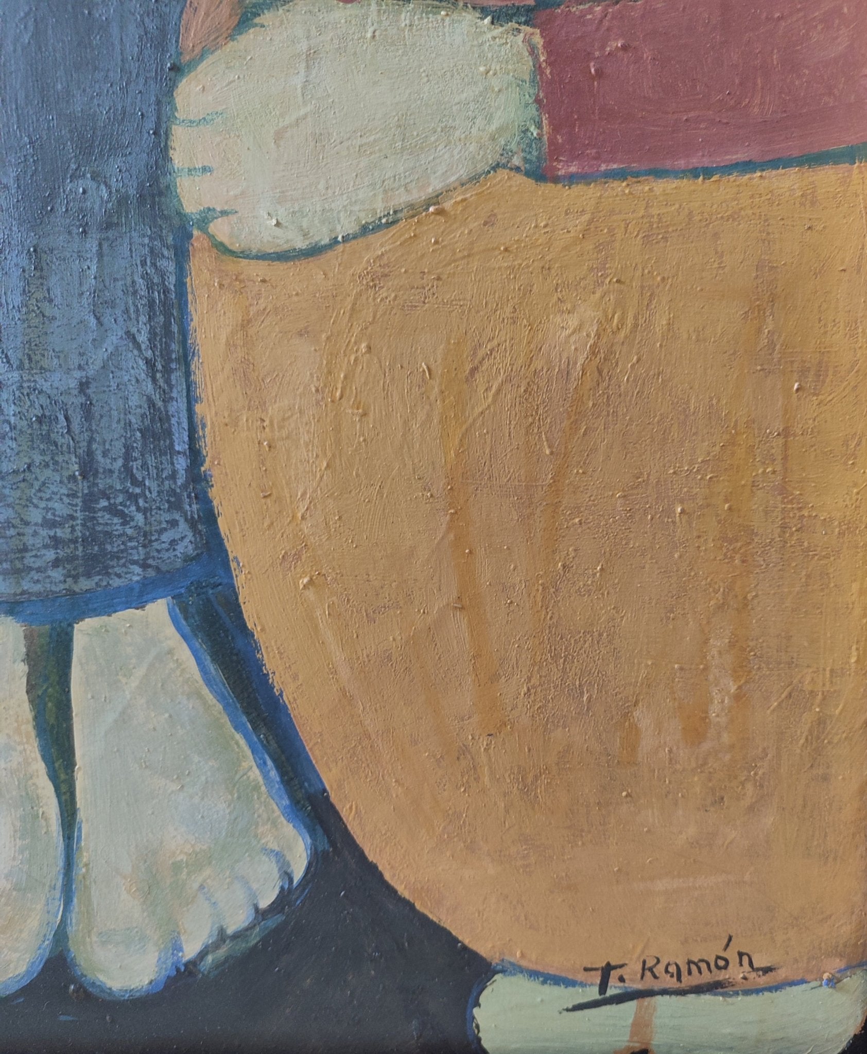 Pintura al óleo de Teresa Ramón, “Mujeres”, composición figurativa contemporánea con figuras femeninas en tonos suaves que evocan serenidad, obra de carácter íntimo y simbólico dentro del arte contemporáneo, detalle firma