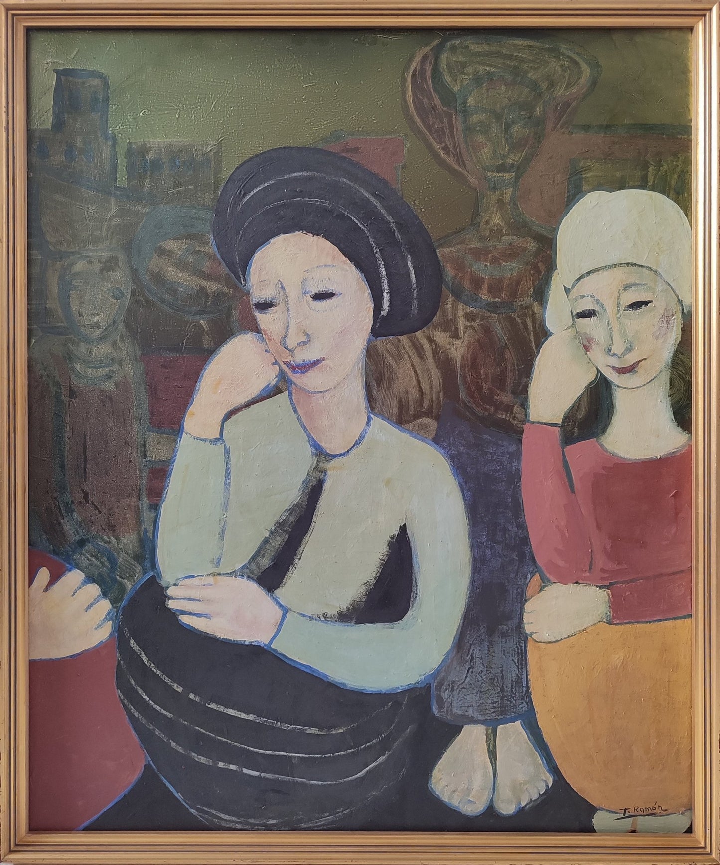 Pintura al óleo de Teresa Ramón, “Mujeres”, composición figurativa contemporánea con figuras femeninas en tonos suaves que evocan serenidad, obra de carácter íntimo y simbólico dentro del arte contemporáneo. Gaudifond Arte