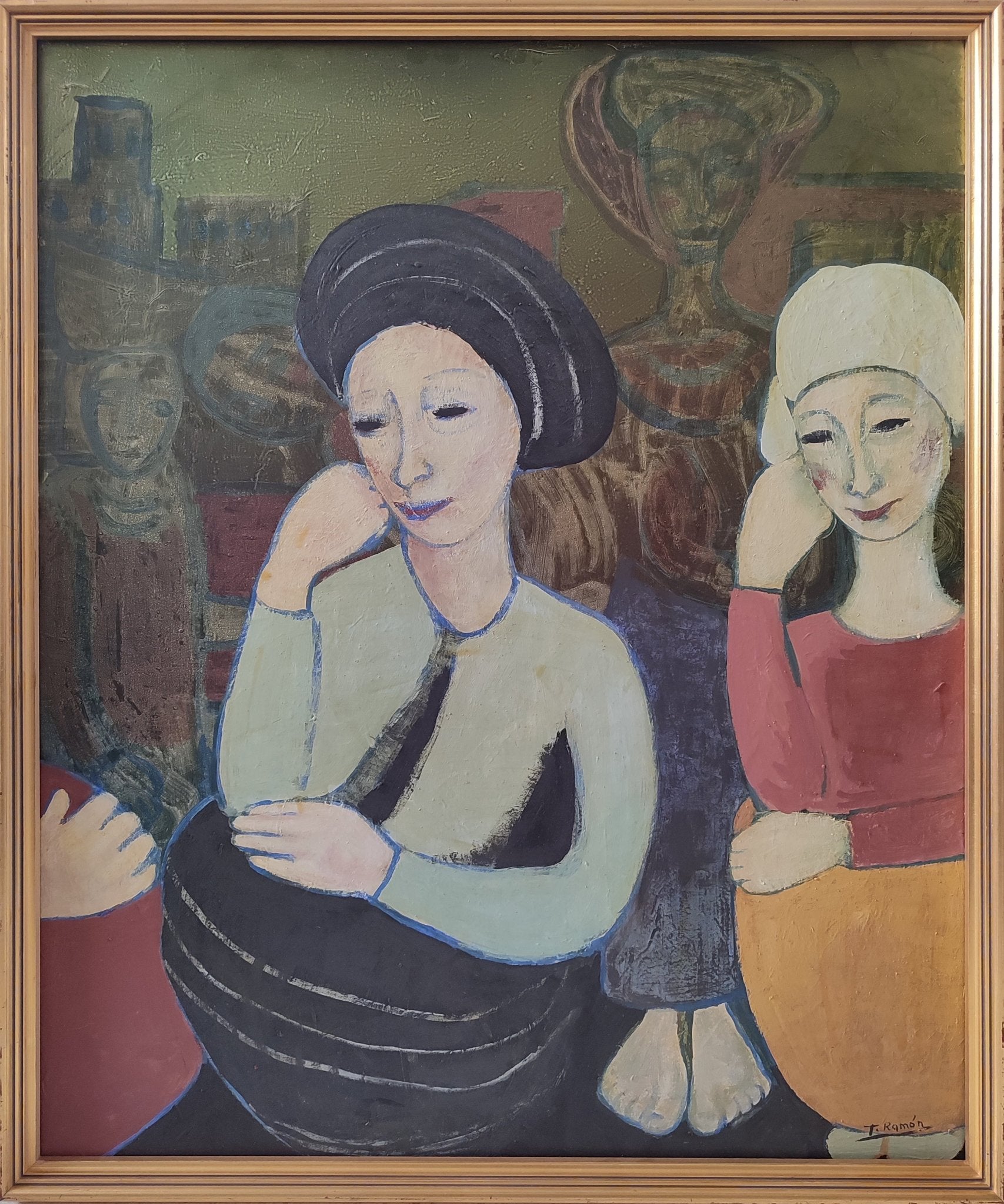 Pintura al óleo de Teresa Ramón, “Mujeres”, composición figurativa contemporánea con figuras femeninas en tonos suaves que evocan serenidad, obra de carácter íntimo y simbólico dentro del arte contemporáneo. Gaudifond Arte