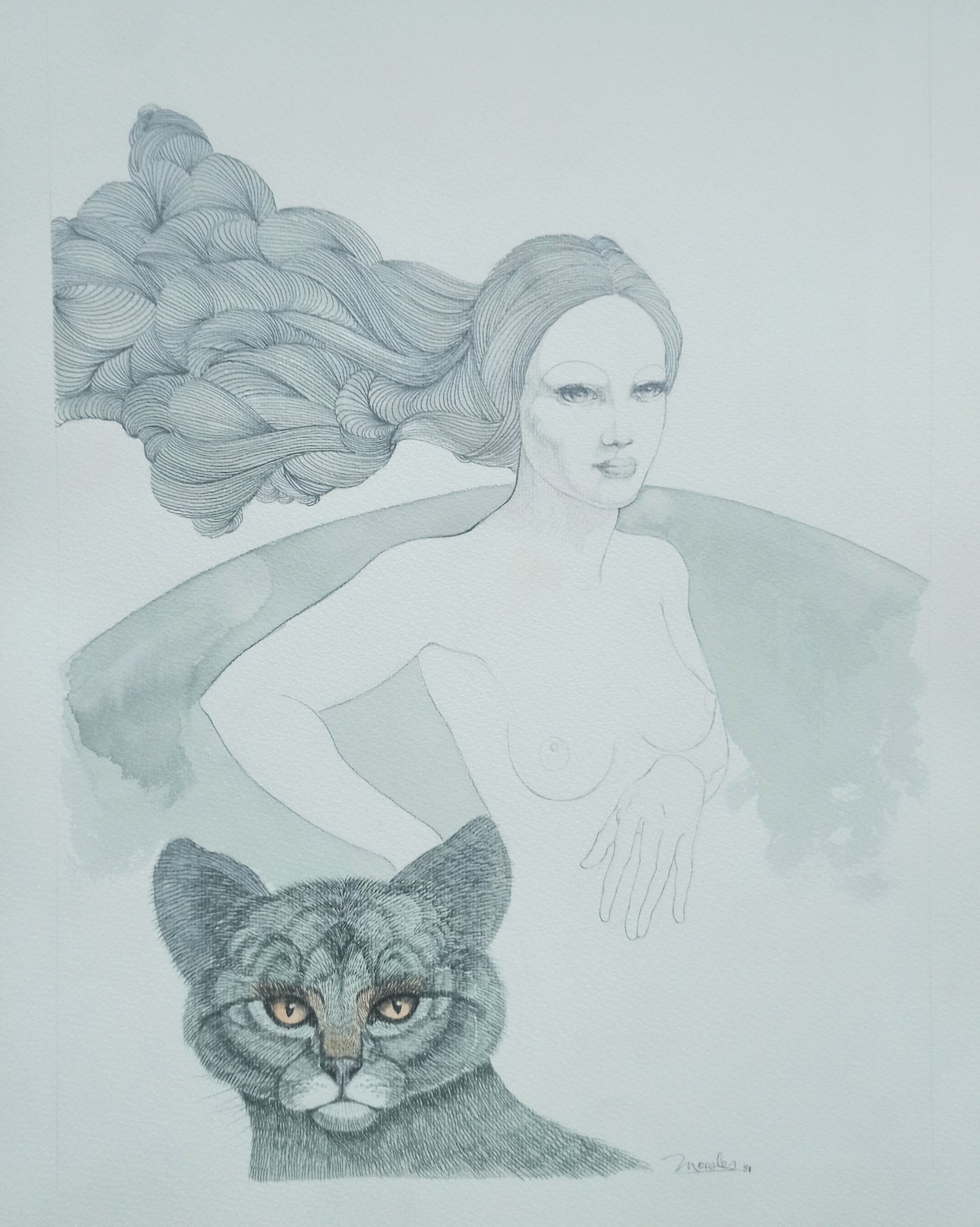 Dibujo acuarela Morales Doncella con gato Gaudifond  