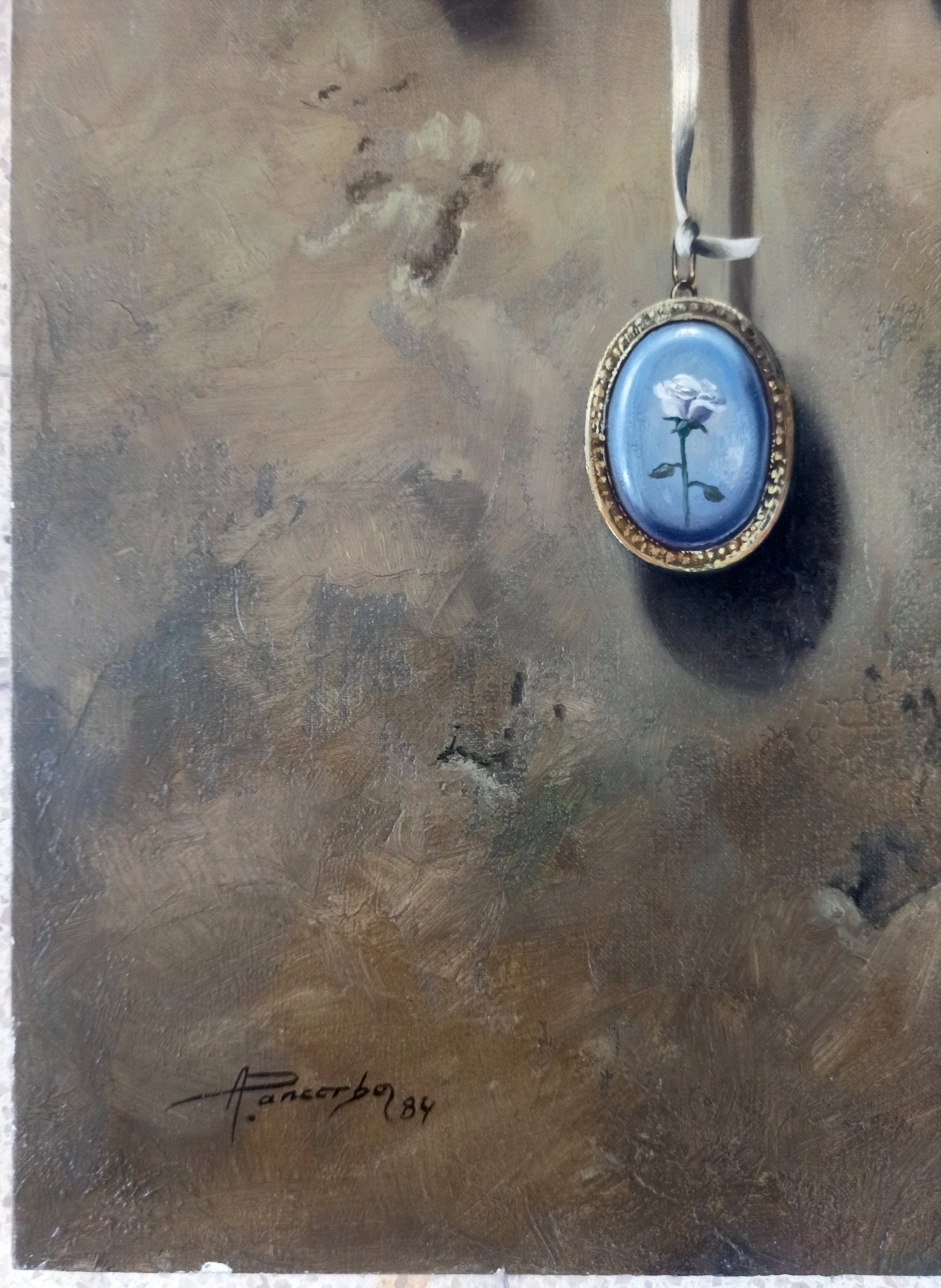 Cuadro surrealista Alberto Pancorbo Entre prendas detalle firma Gaudifond