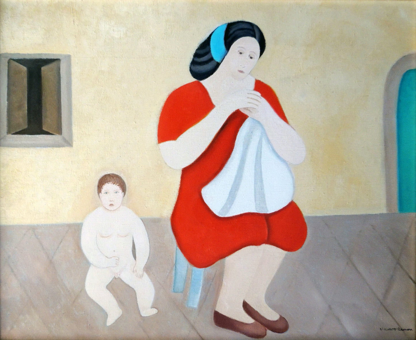 Juan Navarro Ramón mujer con niño óleo lienzo Gaudifond