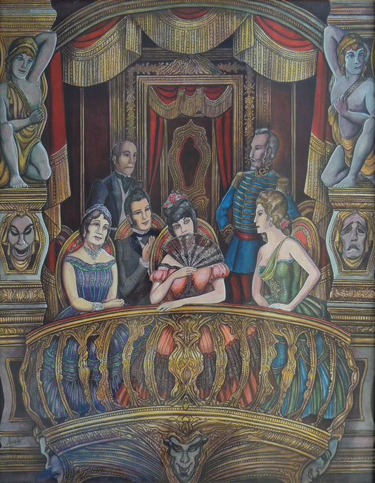 Ramón López Morelló El palco rojo pintura al acuarela escena teatral elegante