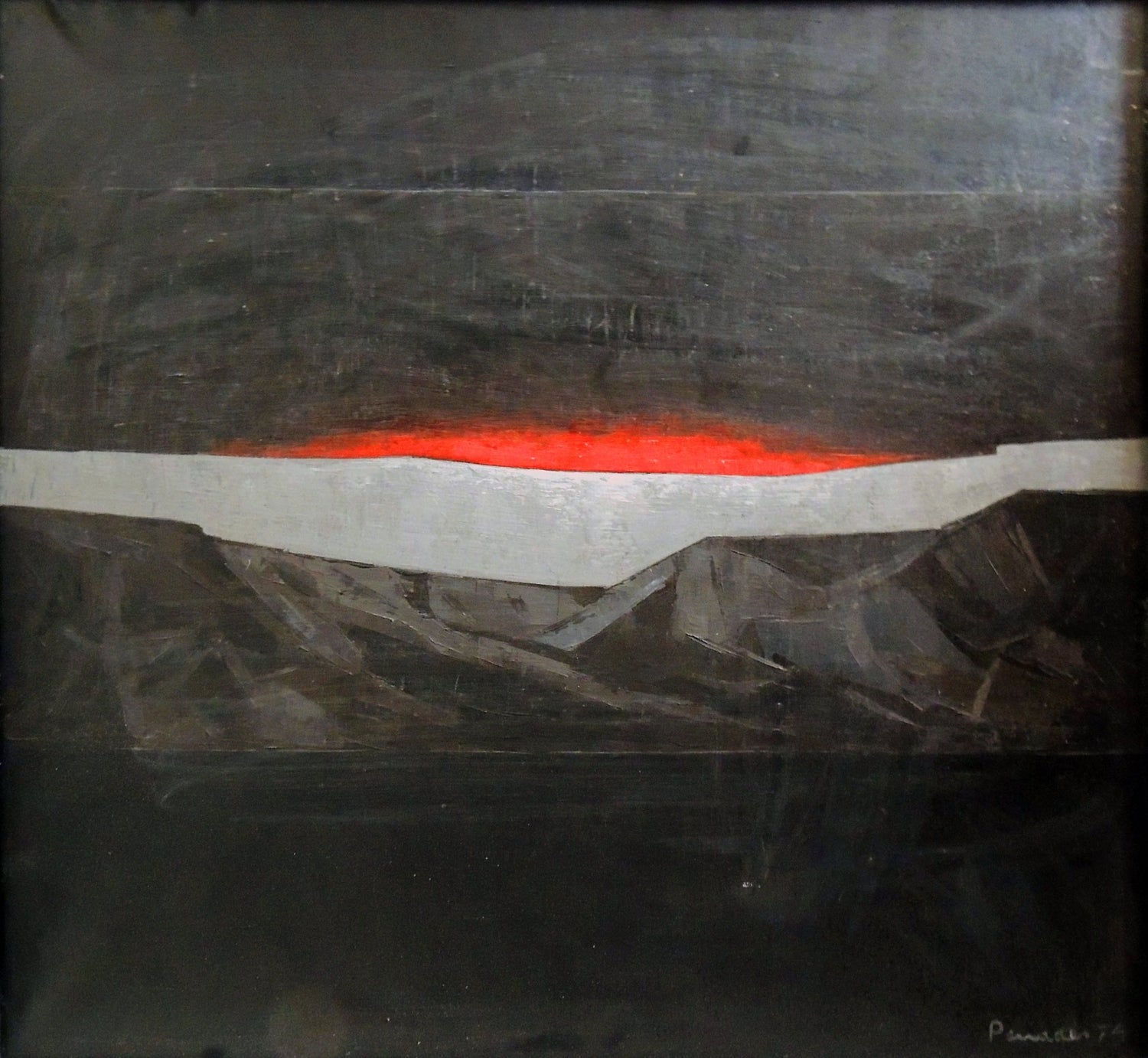 Agustí Penadés, Forescidi, pintura abstracta contemporánea en tonos oscuros con línea roja y composición informalista.
