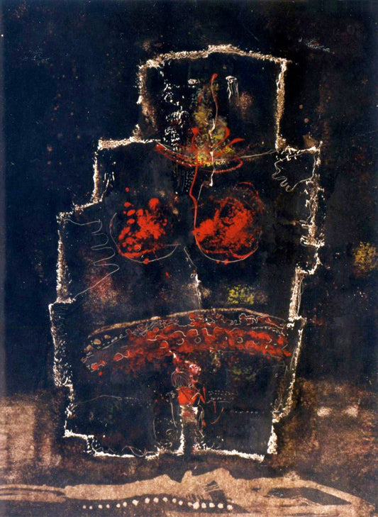 Agustín Alamán, Hiroshima 17, composición abstracta en tonos oscuros con formas totémicas y trazos rojos sobre superficie texturizada.
