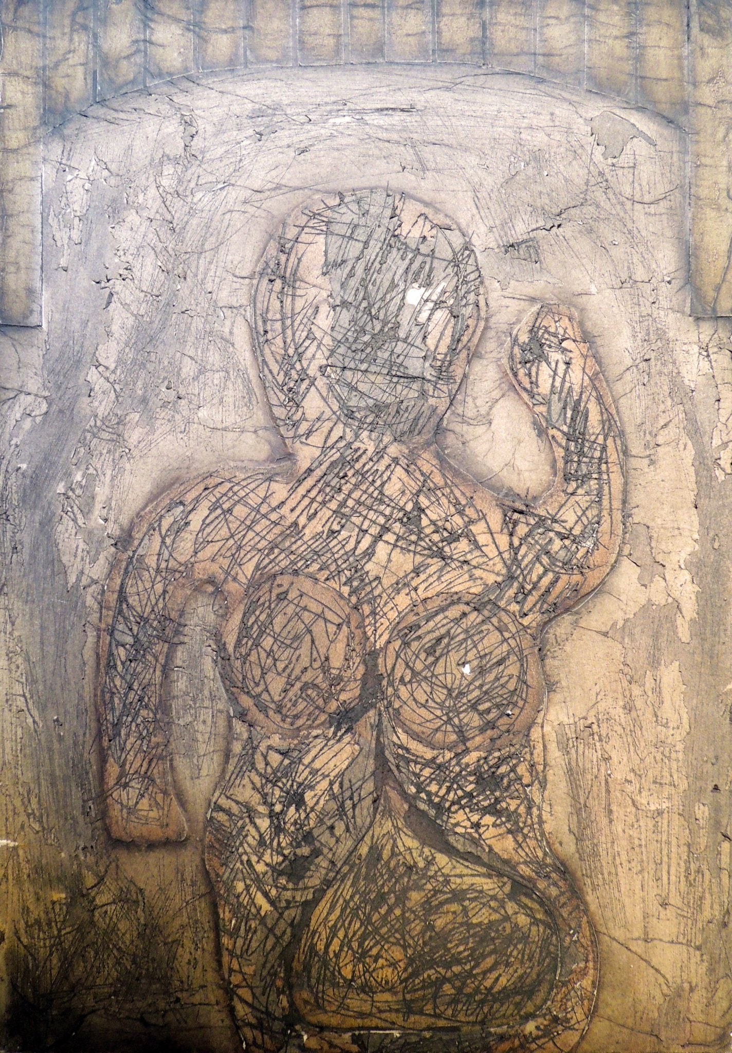 Agustín Alamán Hiroshima 22 pintura abstracta matérica con figura femenina y texturas en tonos grises y tierra del informalismo español siglo XX