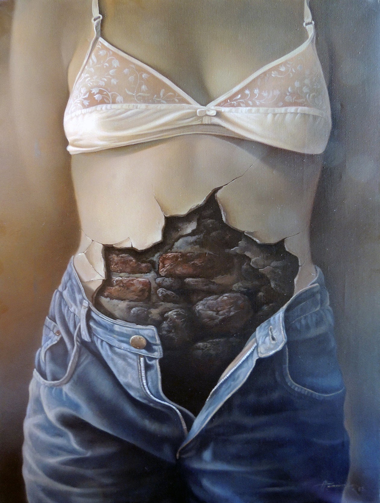 Descubriéndose, pintura figurativa contemporánea de torso femenino con una abertura en el abdomen que revela piedras y rocas en su interior, obra simbólica sobre identidad y vulnerabilidad.