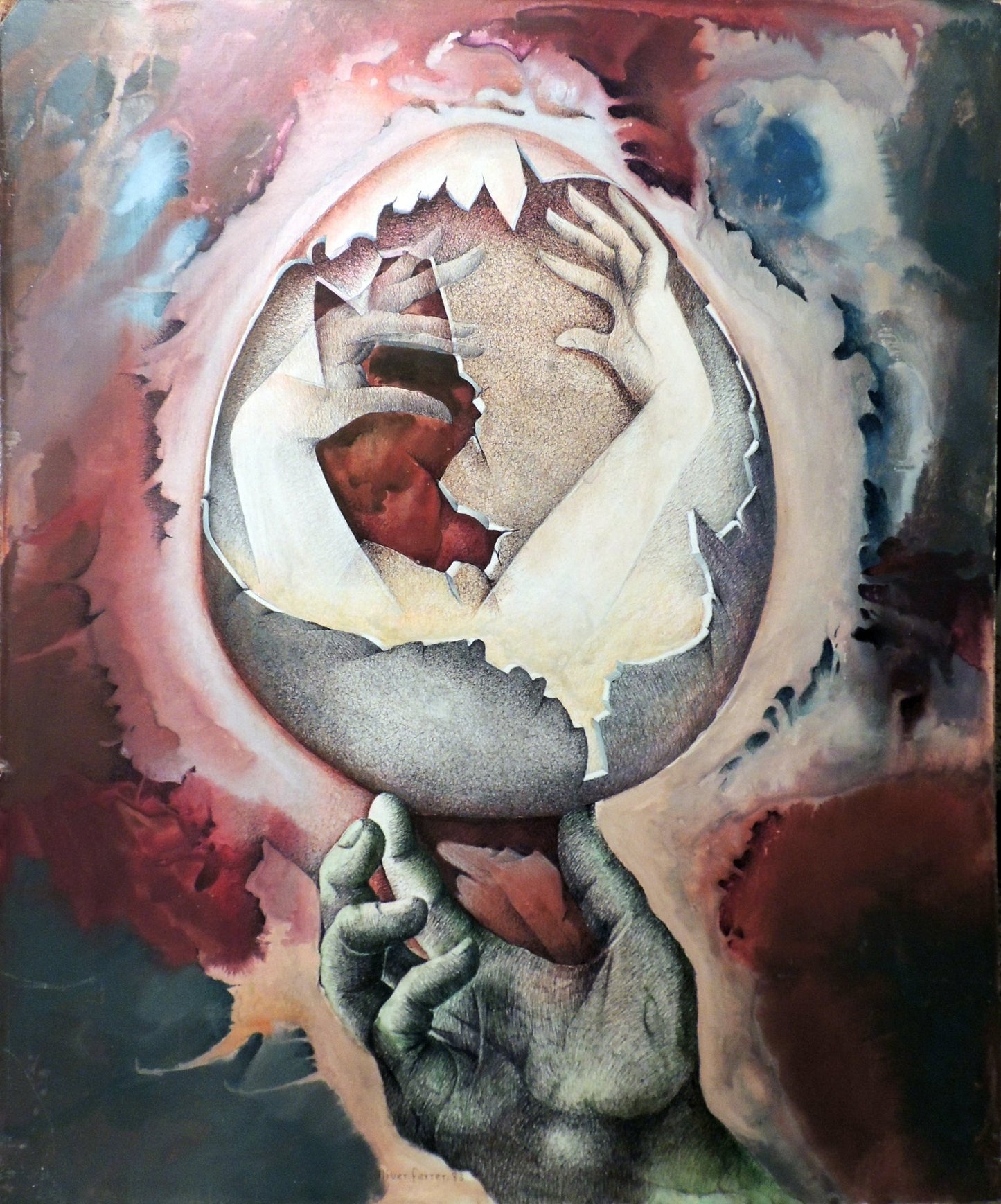 Obra “Manos” de Alfons Oliver Ferrer con composición surrealista de manos entrelazadas dentro de una esfera abstracta en tonos rojizos y azulados.