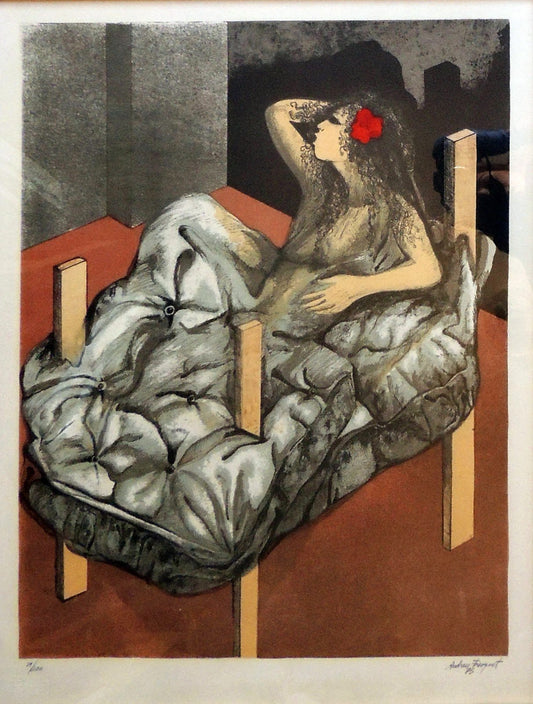 Andreu Fresquet, Flor roja, litografía figurativa contemporánea con figura femenina reclinada y flor roja sobre sillón acolchado