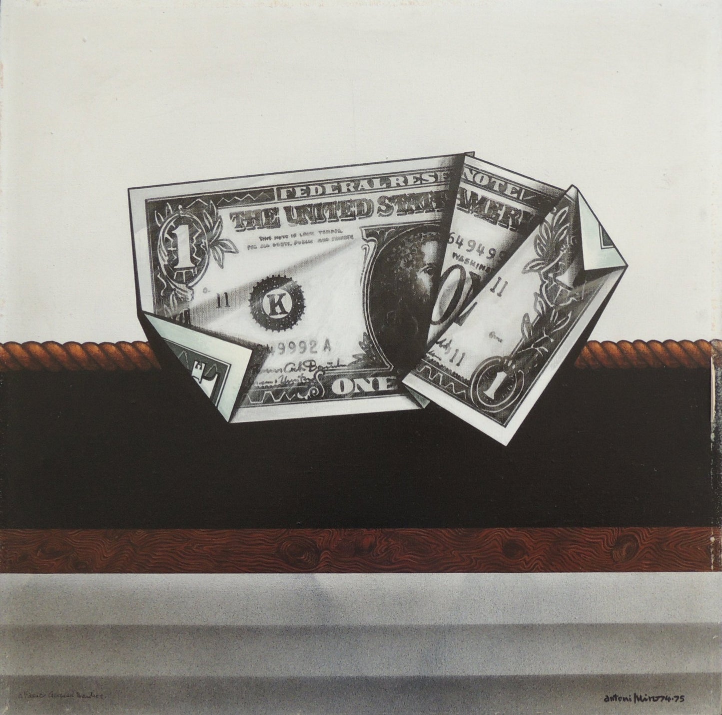 Dólar plegat de Antoni Miró, obra realizada en acrílico sobre lienzo que reinterpreta el símbolo del dólar como una reflexión crítica sobre el poder financiero, el capitalismo global y las desigualdades sociales contemporáneas.