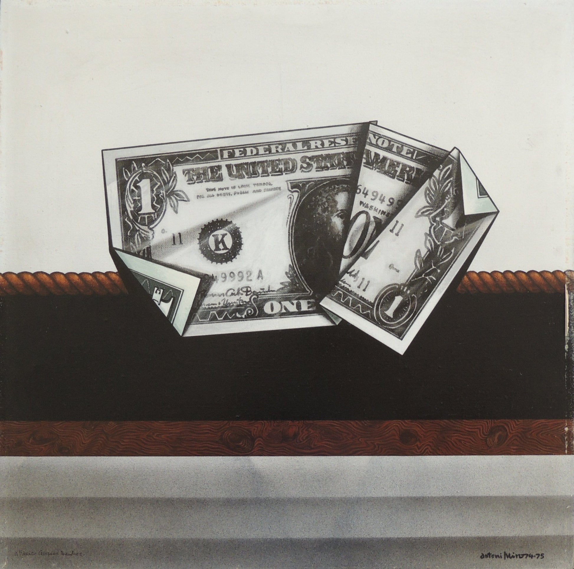 Dólar plegat de Antoni Miró, obra realizada en acrílico sobre lienzo que reinterpreta el símbolo del dólar como una reflexión crítica sobre el poder financiero, el capitalismo global y las desigualdades sociales contemporáneas.