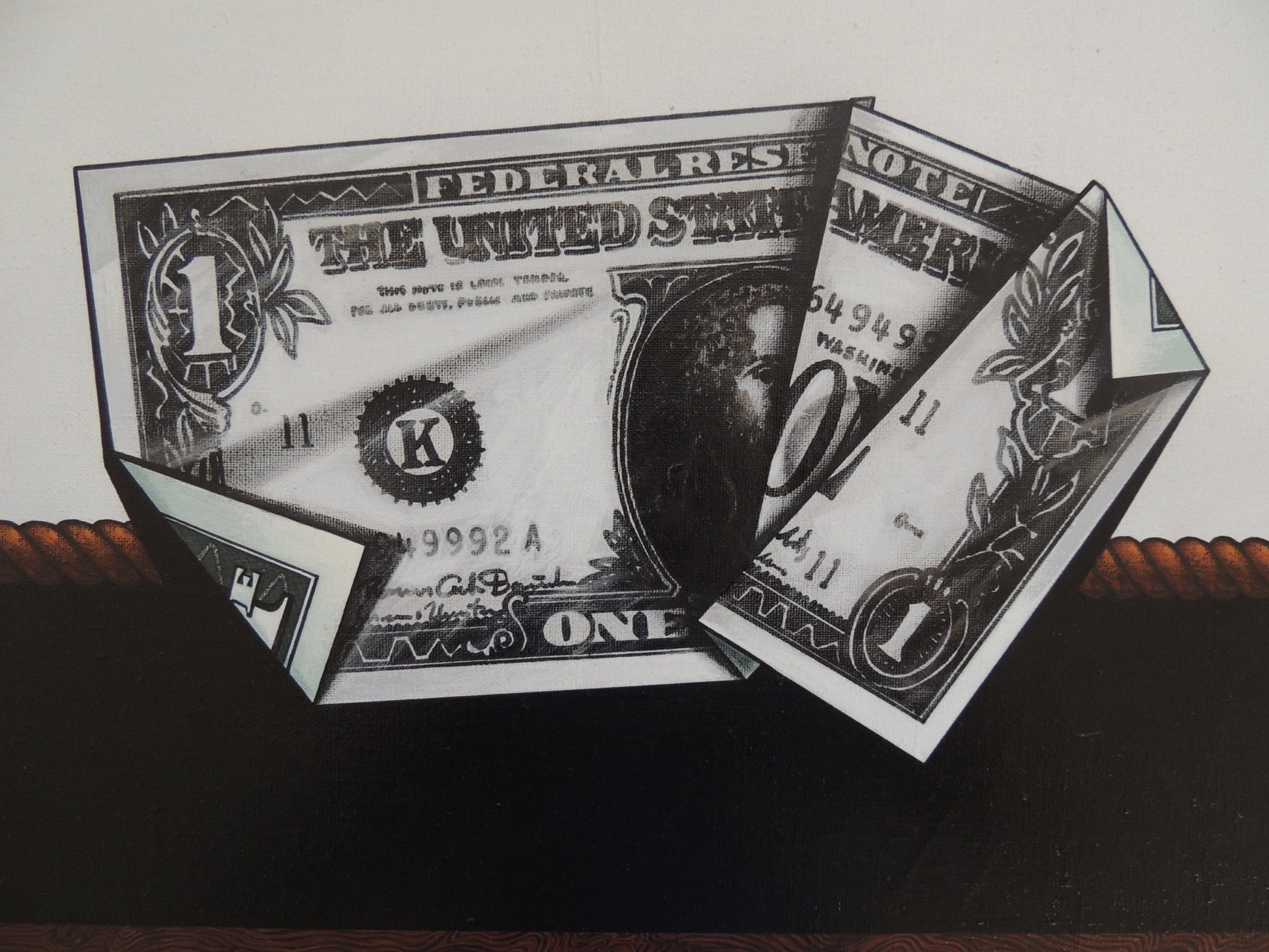 Dólar plegat de Antoni Miró, obra realizada en acrílico sobre lienzo que reinterpreta el símbolo del dólar como una reflexión crítica sobre el poder financiero, el capitalismo global y las desigualdades sociales contemporáneas detalle