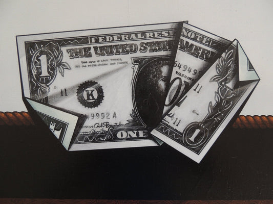 Dólar plegat de Antoni Miró, obra realizada en acrílico sobre lienzo que reinterpreta el símbolo del dólar como una reflexión crítica sobre el poder financiero, el capitalismo global y las desigualdades sociales contemporáneas detalle