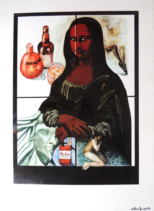 La Gioconda de Antoni Miró, obra contemporánea inspirada en la Mona Lisa de Leonardo da Vinci, con referencias a la cultura de consumo y al arte pop.