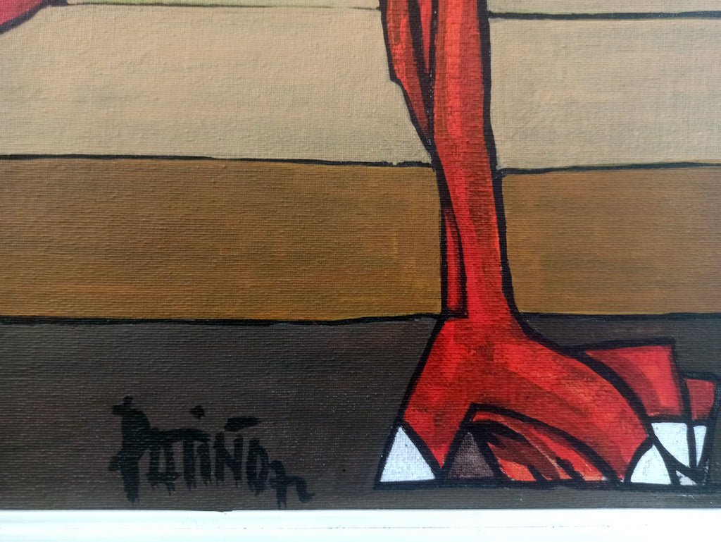 Antonio García Patiño, Hombre doliente, pintura expresionista con figura humana fragmentada en tonos rojos intensos y gran carga emocional, detalle cuadro firma