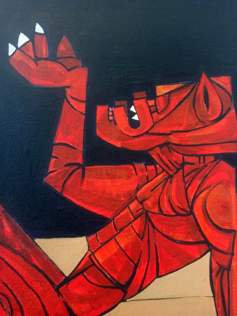 Antonio García Patiño, Hombre doliente, pintura expresionista con figura humana fragmentada en tonos rojos intensos y gran carga emocional, negro y rojo