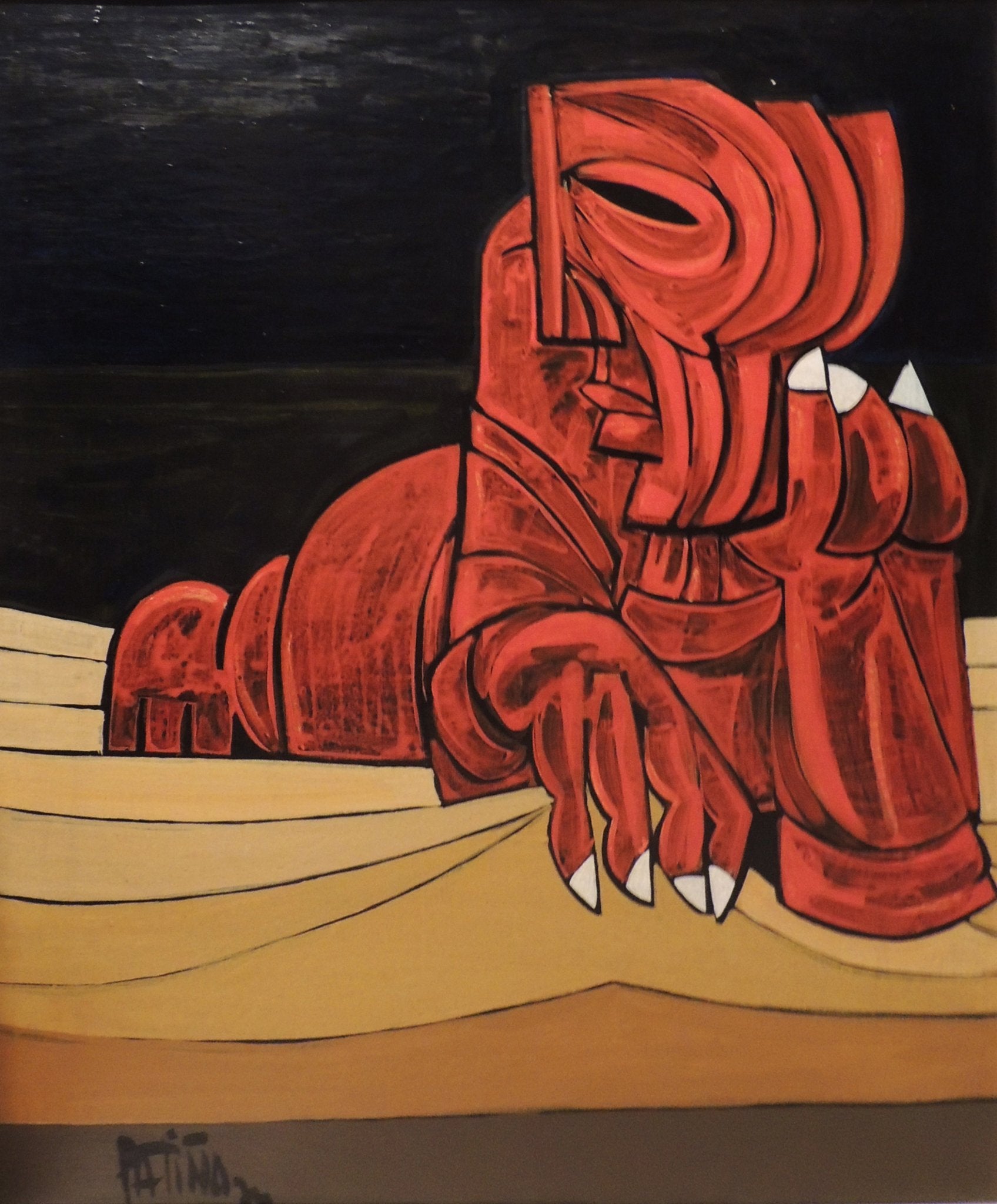 Antonio García Patiño, Hombre sobre la playa, pintura expresionista con figura geométrica roja sobre paisaje costero minimalista y fondo oscuro.
