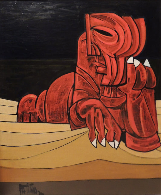 Antonio García Patiño, Hombre sobre la playa, pintura expresionista con figura geométrica roja sobre paisaje costero minimalista y fondo oscuro.