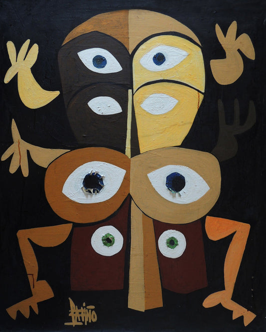 Antonio Patiño Karma Africano pintura figurativa contemporánea inspirada en arte tribal africano con rostros geométricos y múltiples ojos sobre fondo oscuro