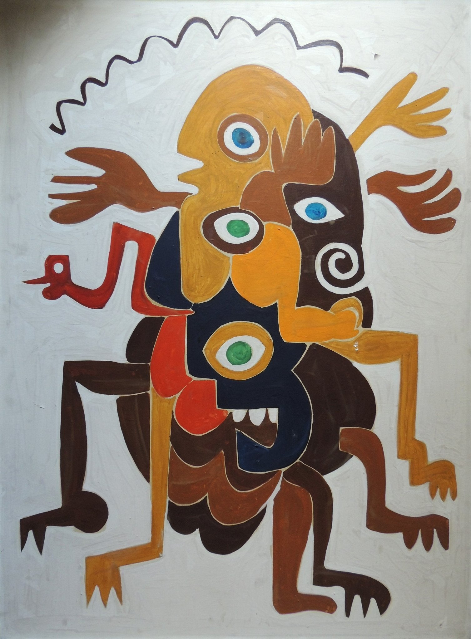 Antonio Patiño Karma II pintura figurativa contemporánea con formas orgánicas, múltiples ojos y composición simbólica sobre fondo claro