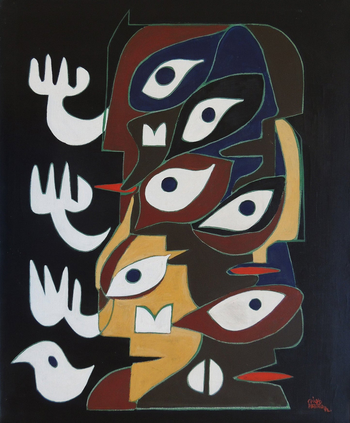 Antonio Patiño Karma Poeta obra de arte contemporáneo gallego con rostros abstractos, simbolismo geométrico y figuras expresionistas sobre fondo oscuro.