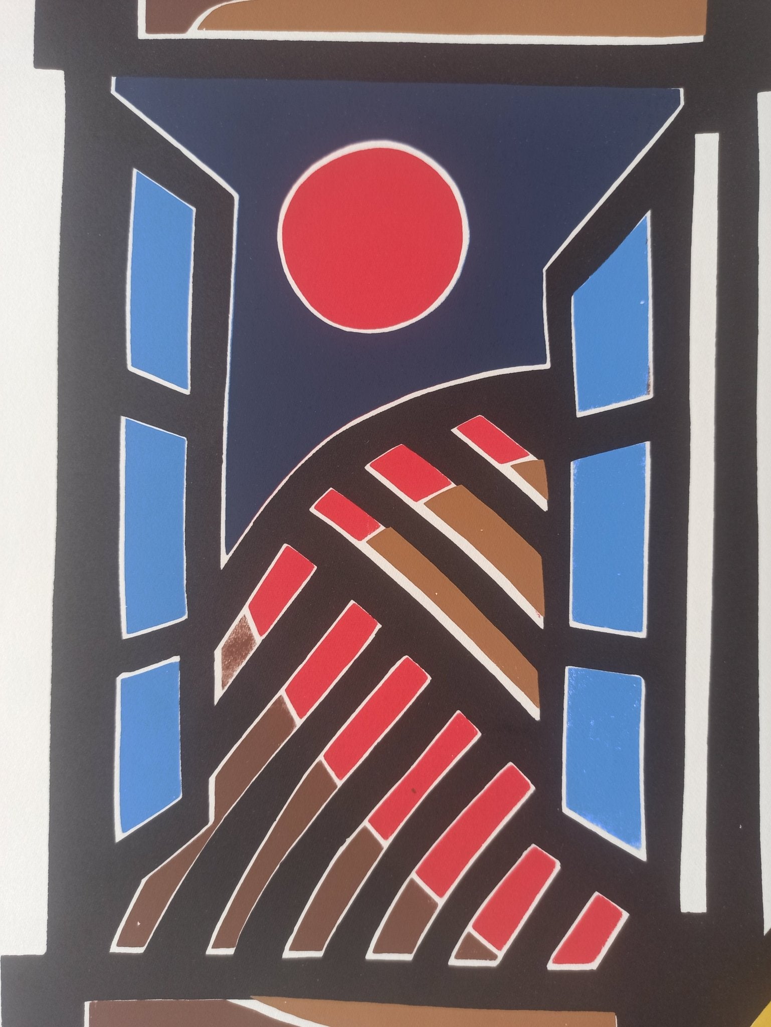 Antonio García Patiño, Meiga, serigrafía expresionista figura sentada en edición limitada con composición vibrante y gran fuerza visual detalle dibujo rojo azul