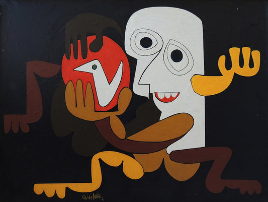 Antonio Patiño Semioptica pintura contemporánea gallega con figuras abstractas, formas biomórficas y simbolismo visual sobre fondo oscuro.