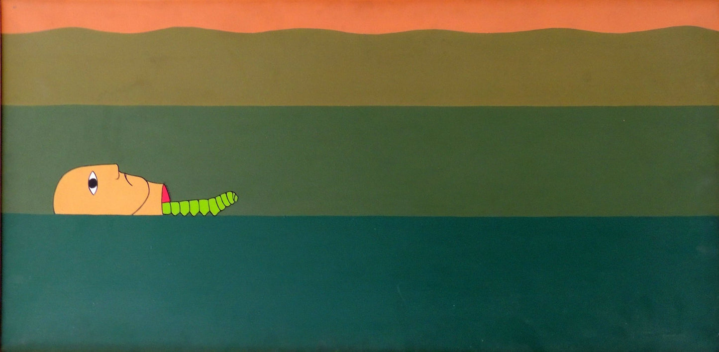 Antonio Maia – Contaminação, obra de arte contemporáneo con cabeza humana flotante y forma orgánica verde sobre paisaje abstracto.